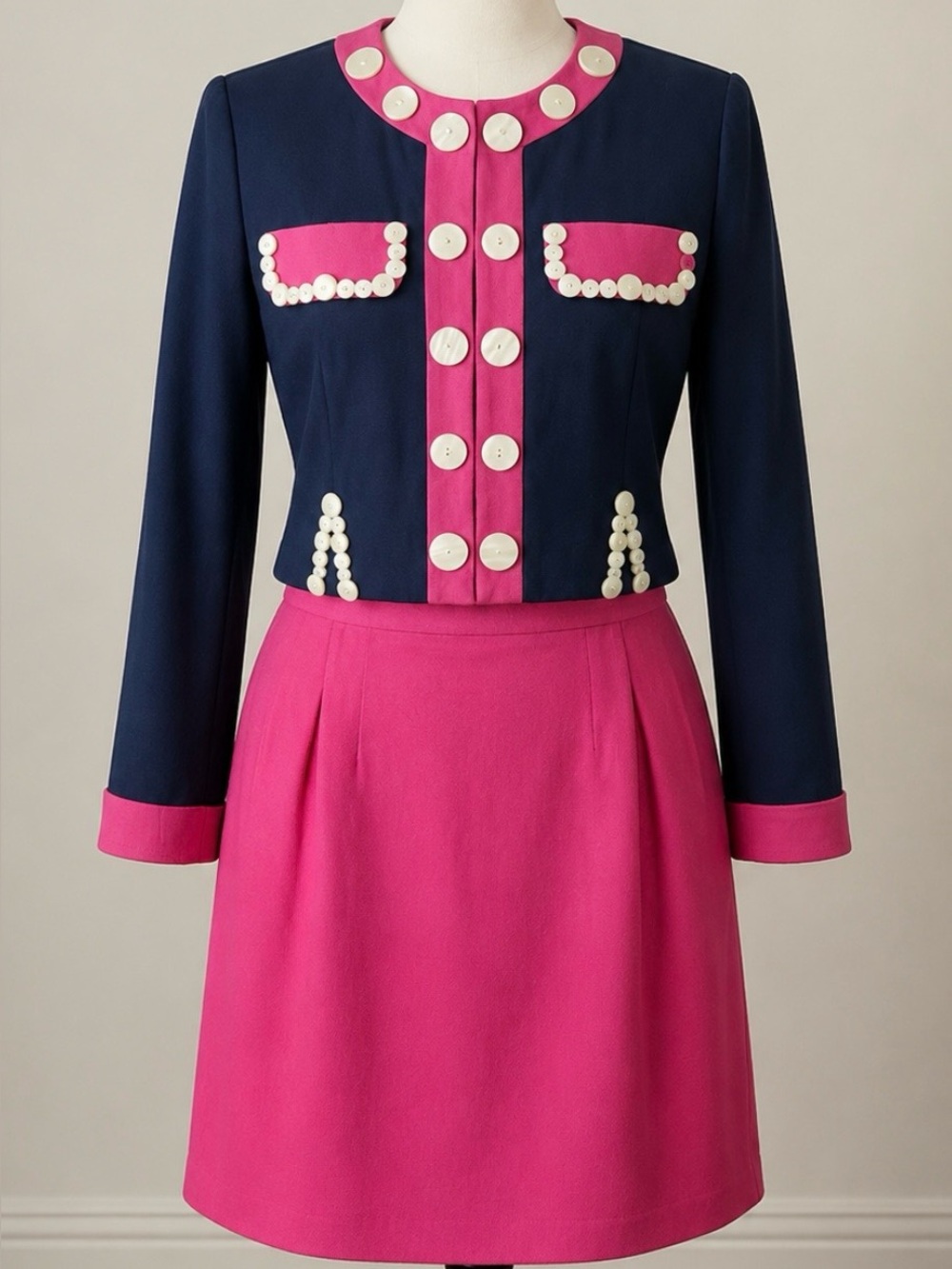 Rare Sue Wong Studio ST446 Skirt Suit Size M USA Pink Navy 2 Pc 80s Vintage